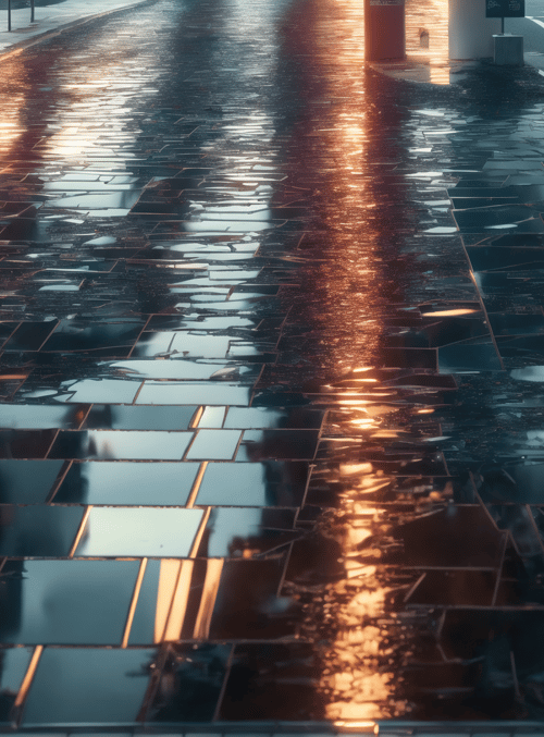 road, water, reflection, pavement, sunlight, city, street, tiles, sunrise, sunset