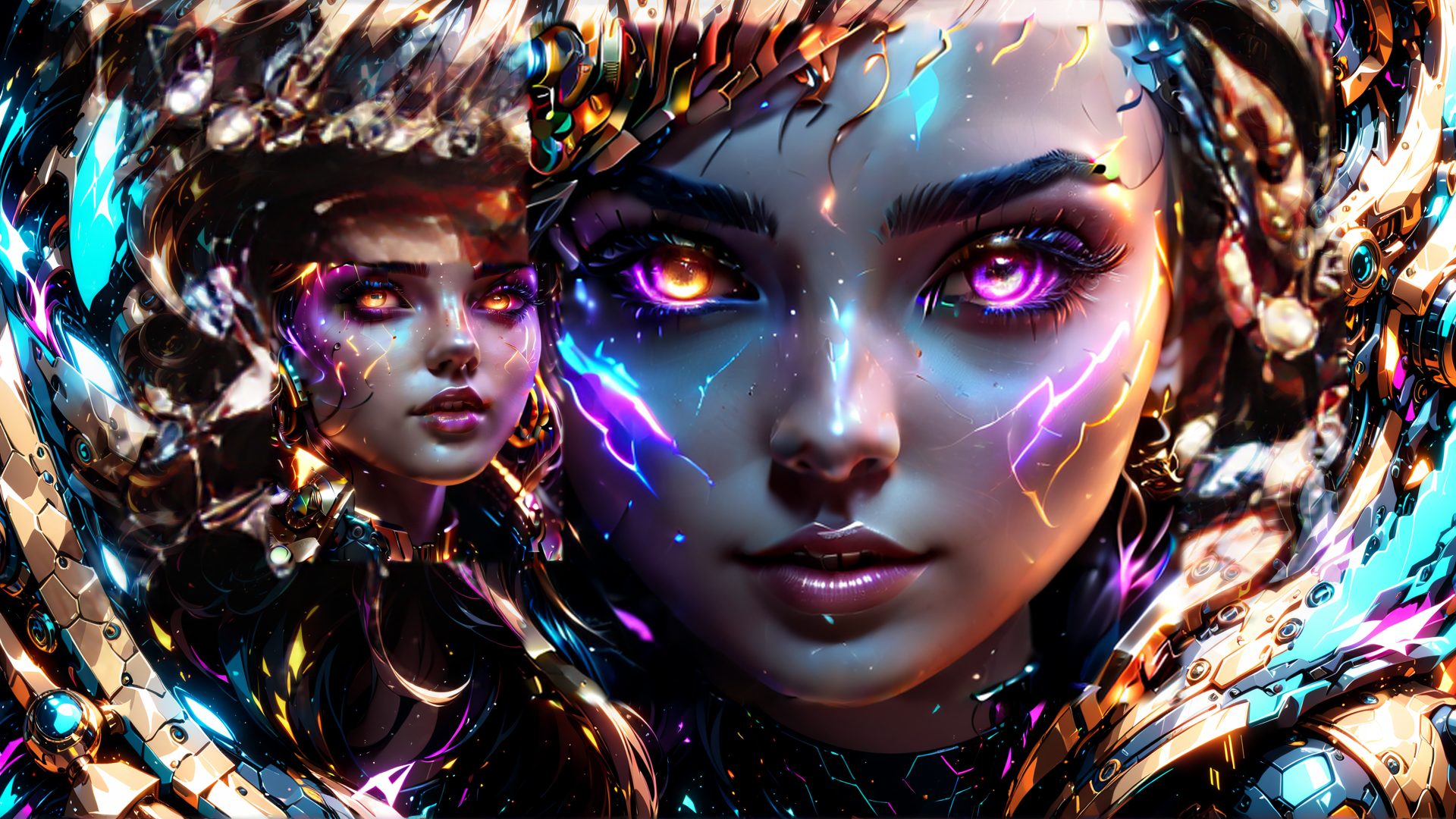 AI generated wallpaper featuring cyborg, woman, neon