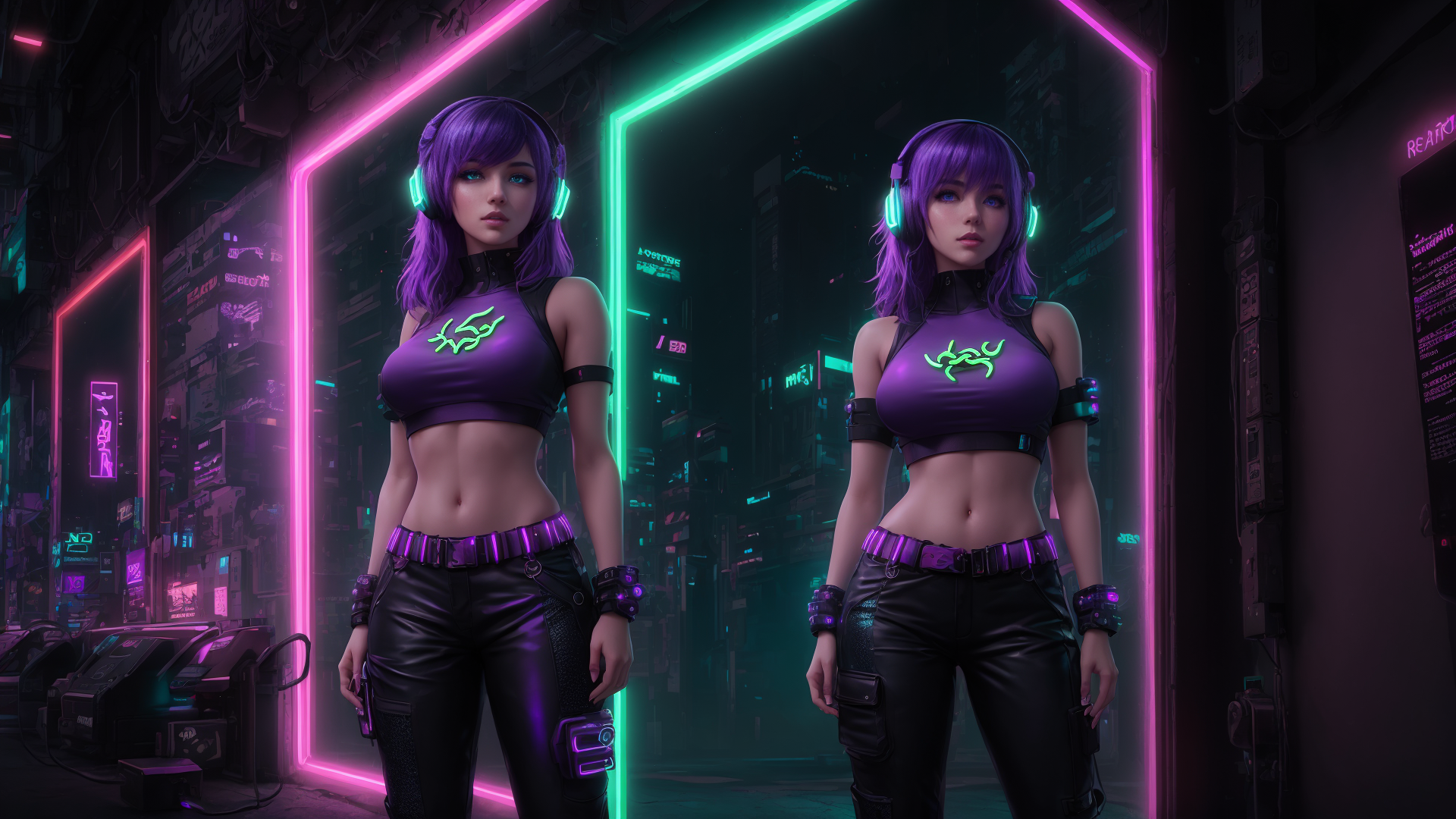 AI generated wallpaper featuring cyberpunk, woman, neon