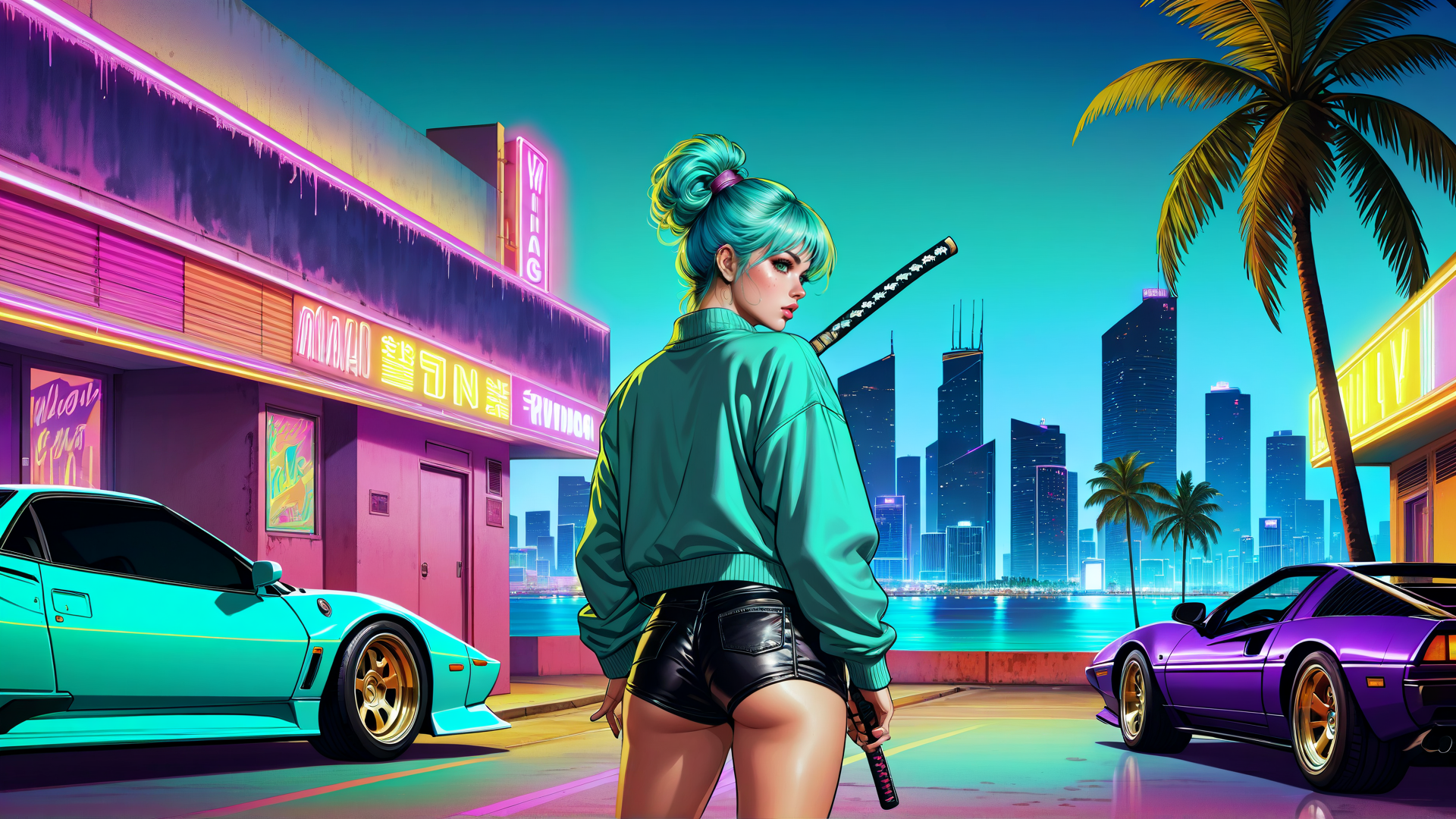 AI generated wallpaper featuring woman, ninja, cars, neon, city