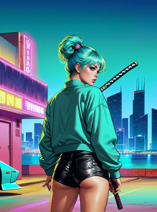 woman, ninja, cars, neon, city