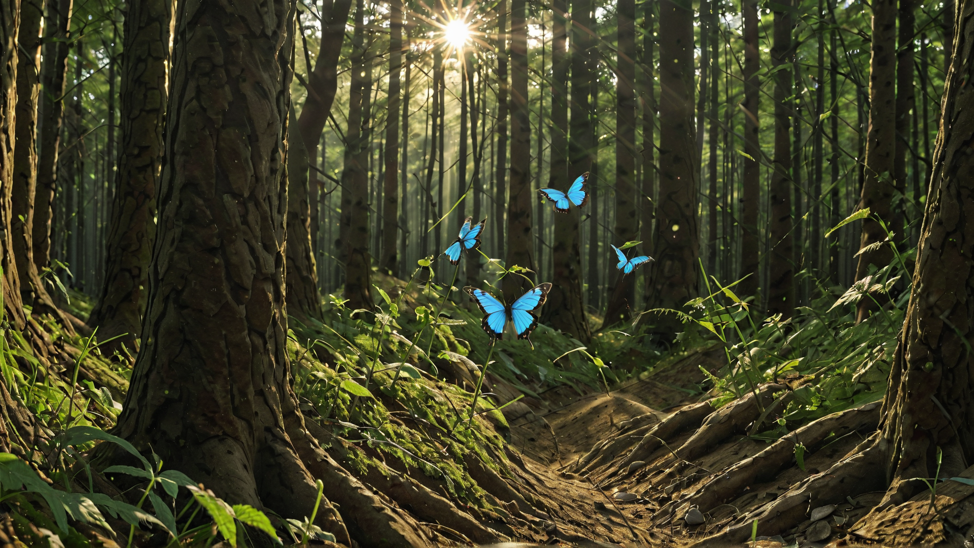 AI generated wallpaper featuring butterflies, forest, trees