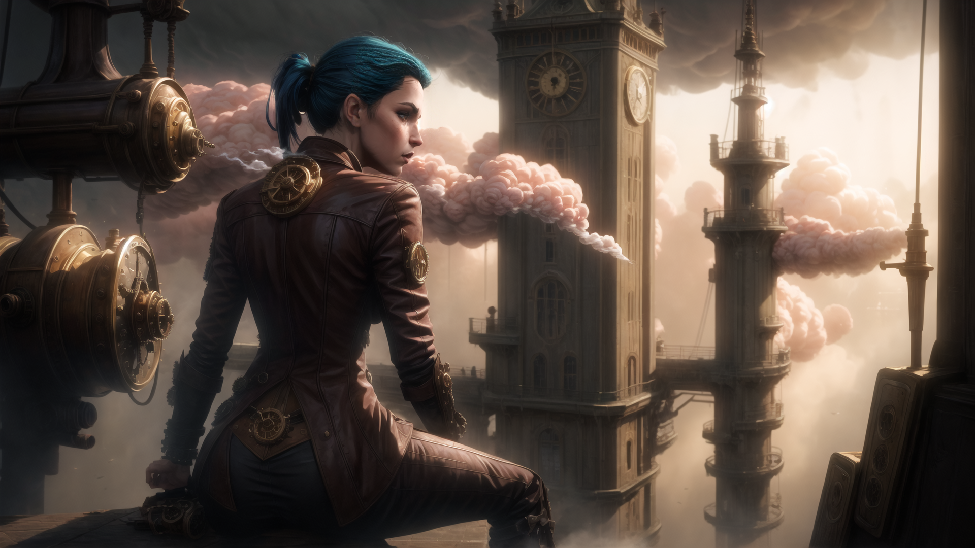 AI generated wallpaper featuring woman, clock tower, steampunk machinery