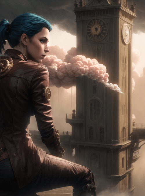 woman, clock tower, steampunk machinery