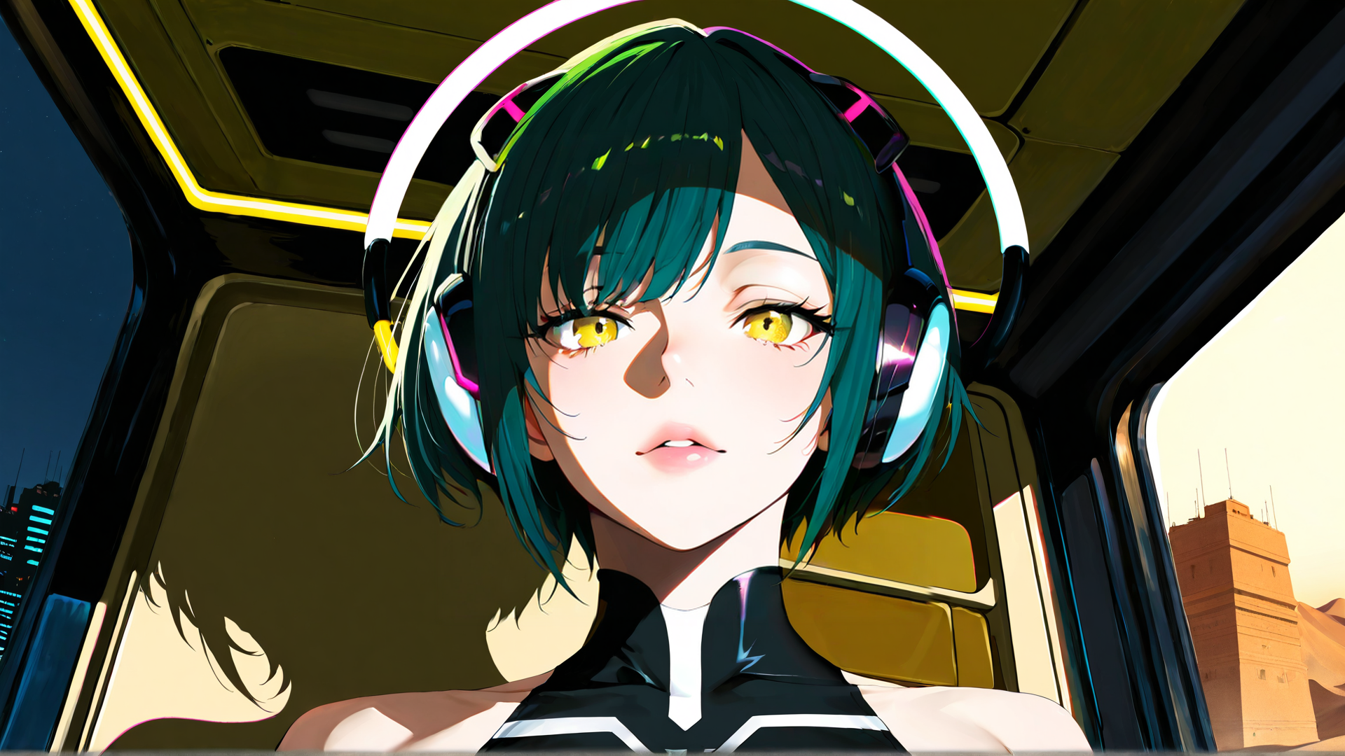 AI generated wallpaper featuring anime girl, headphones, helicopter, cityscape, sunset