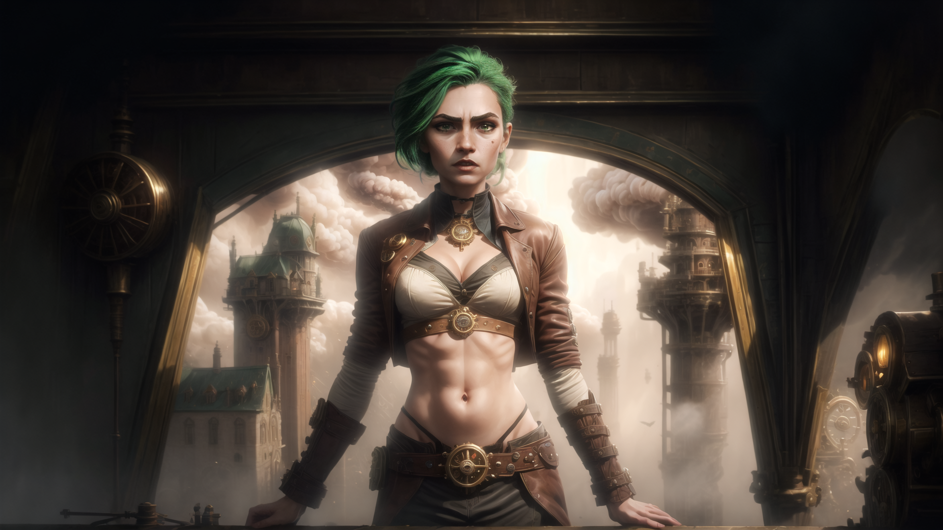 AI generated wallpaper featuring woman, steampunk, cityscape