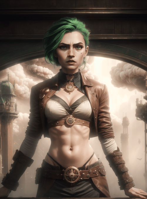 woman, steampunk, cityscape