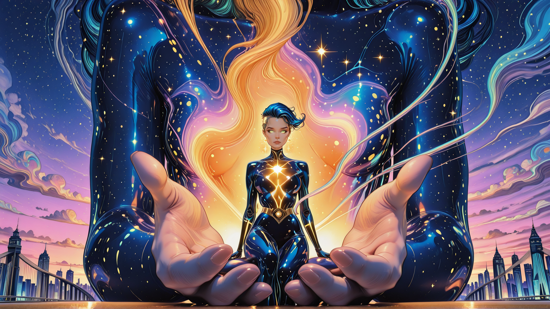 AI generated wallpaper featuring woman, hands, cityscape, cosmic, light, stars, hair, glow, futuristic, silhouette