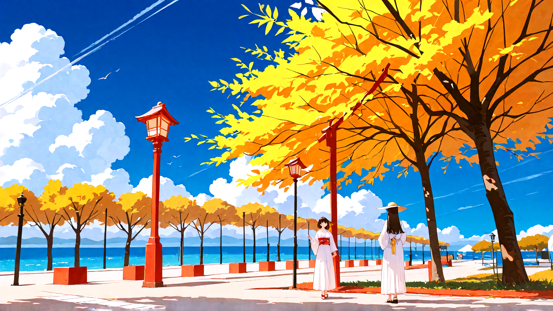 AI generated wallpaper featuring trees, women, lighthouse, lampost, ocean