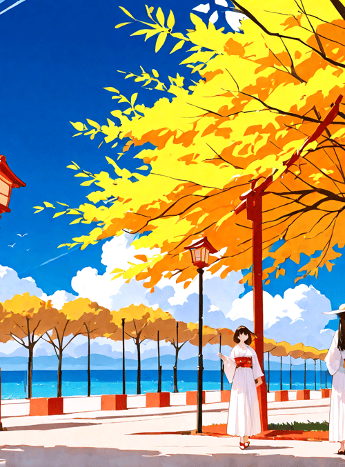 trees, women, lighthouse, lampost, ocean