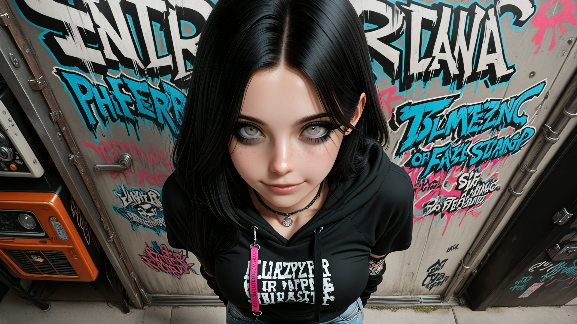 AI generated wallpaper featuring girl, hoodie, graffiti, door, choker