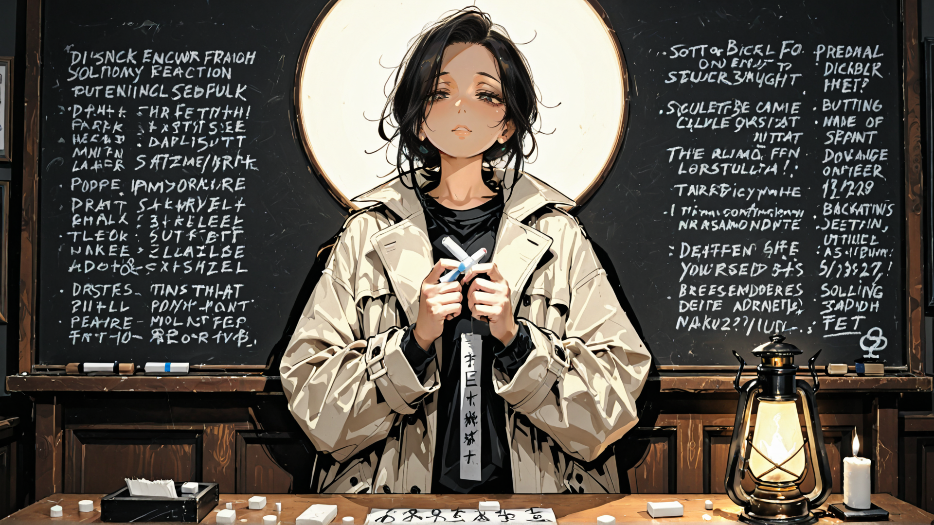 AI generated wallpaper featuring girl, chalkboard, laptop