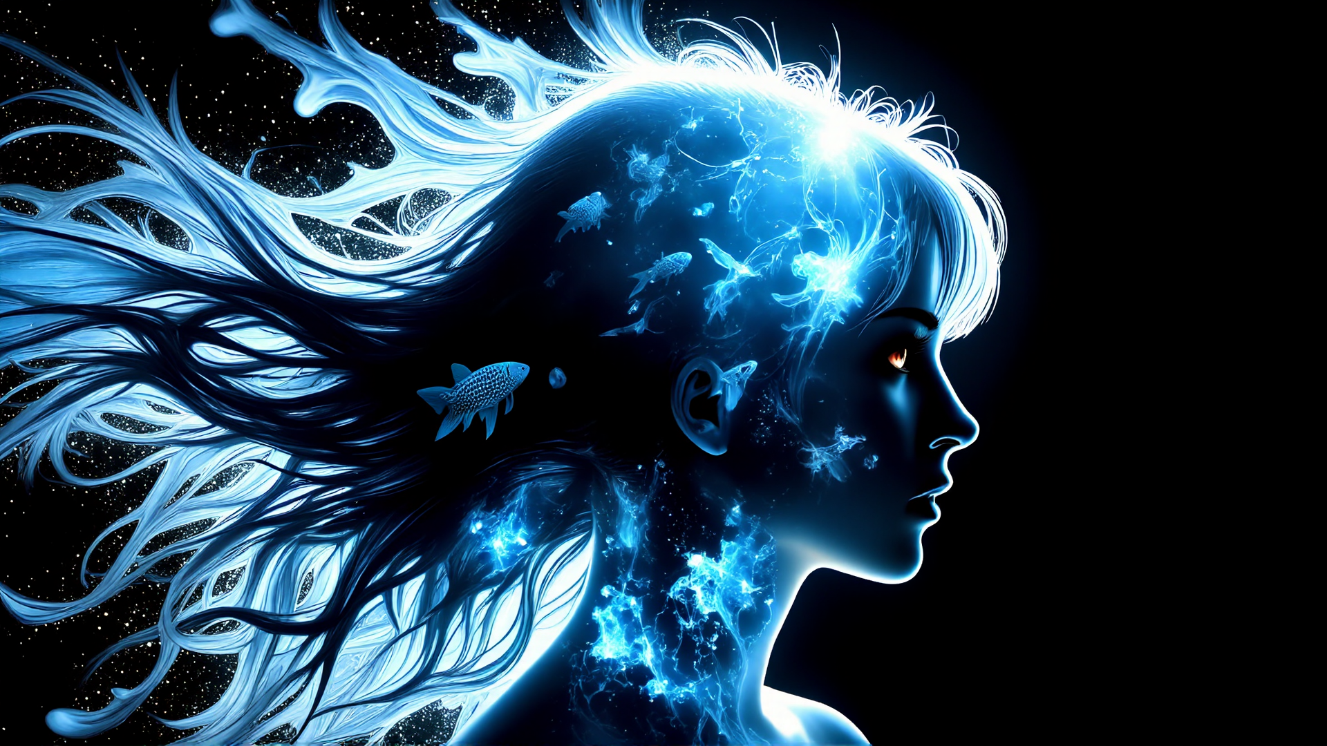 AI generated wallpaper featuring woman, hair, fish, stars, light, neon, silhouette, energy, galaxy, brain