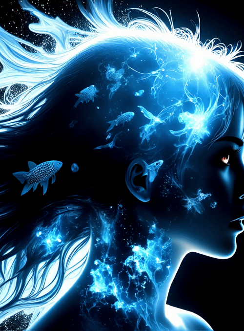 woman, hair, fish, stars, light, neon, silhouette, energy, galaxy, brain