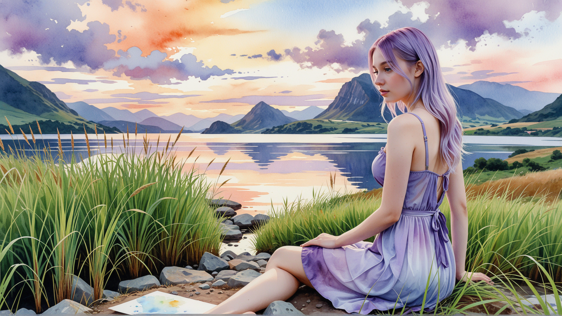 AI generated wallpaper featuring woman, lake, mountains, grass, painting, clouds