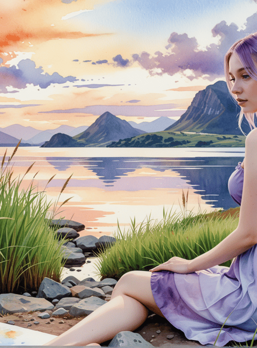 woman, lake, mountains, grass, painting, clouds