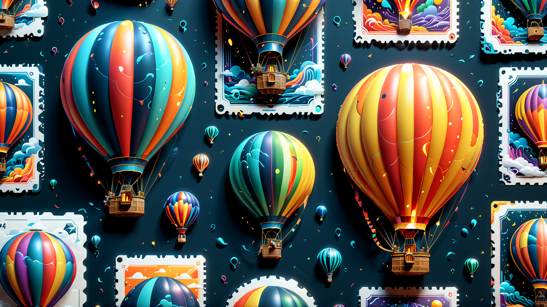 AI generated wallpaper featuring hot air balloon, stamp, illustration