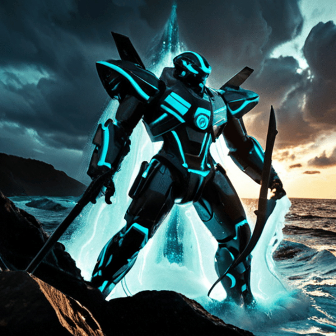 AI generated wallpaper featuring robot, armor, spear