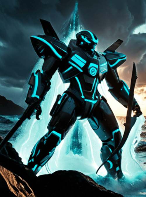 robot, armor, spear