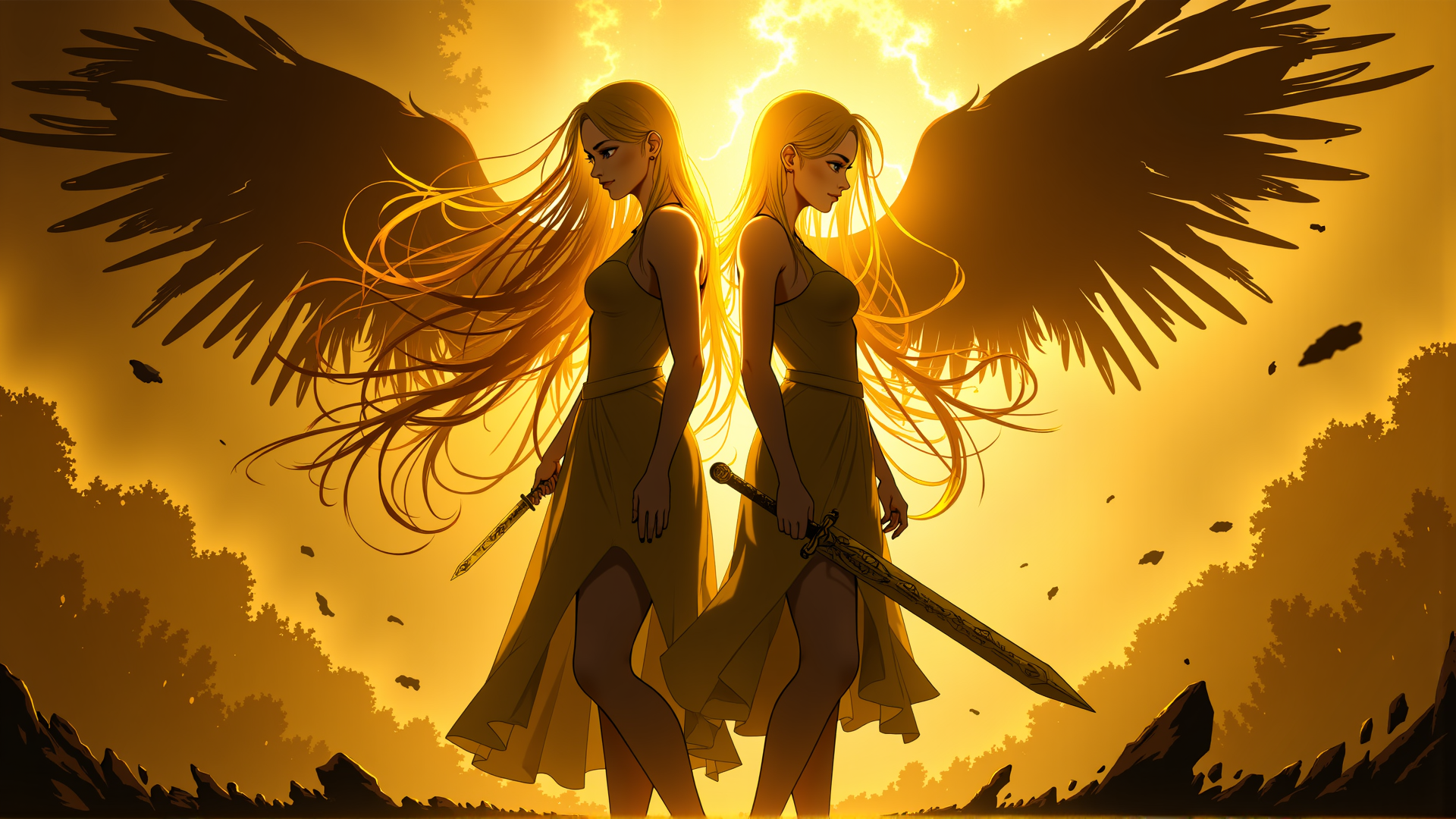 AI generated wallpaper featuring girls, wings, swords, long hair, dresses