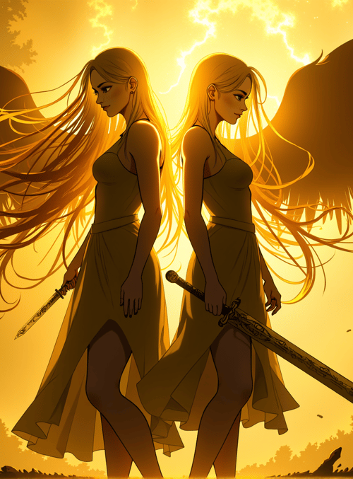 girls, wings, swords, long hair, dresses