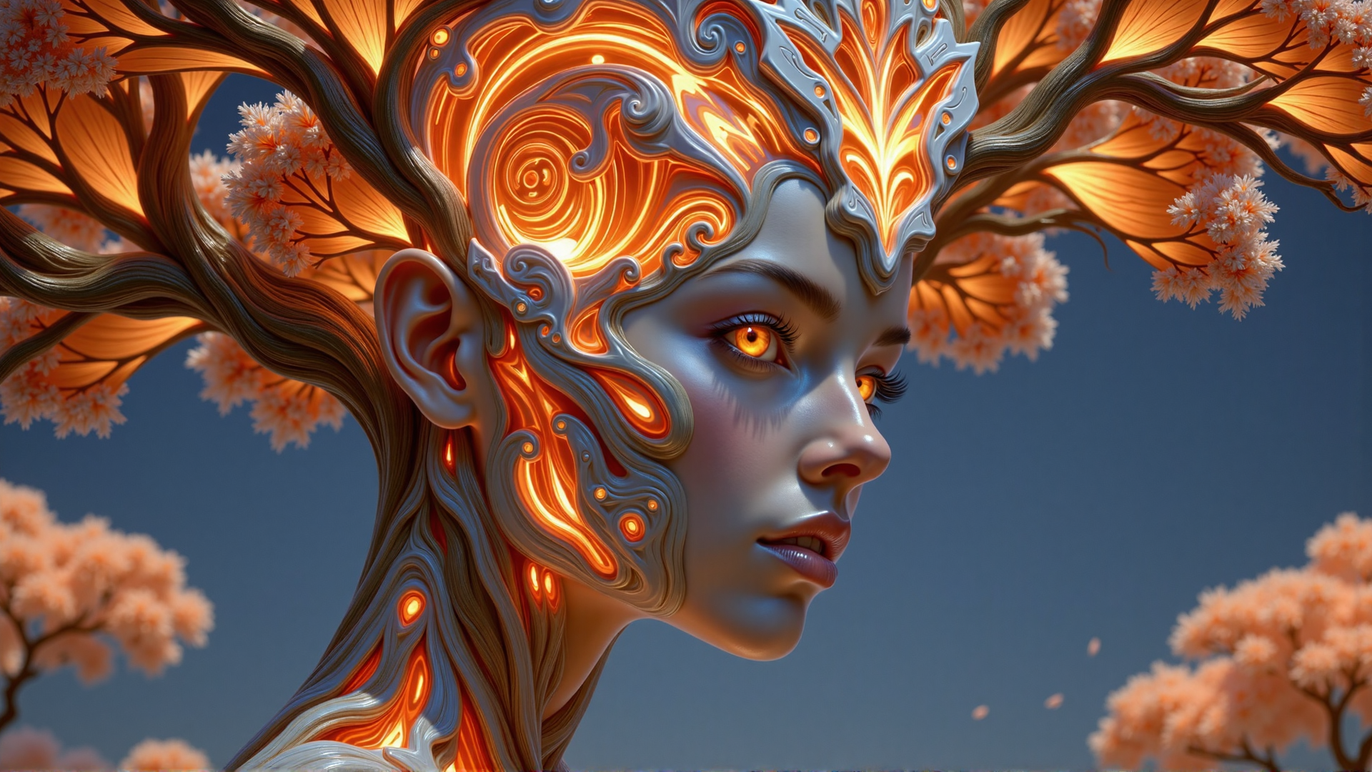 AI generated wallpaper featuring goddess, tree, cherry blossom, neon, human, nature
