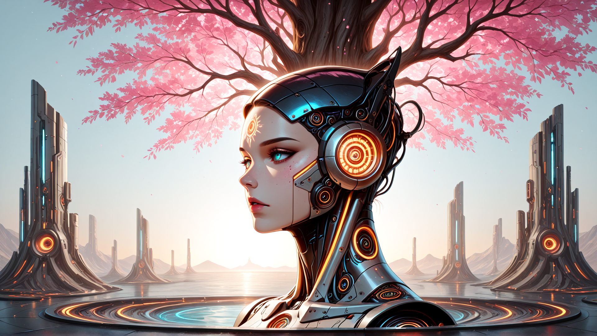AI generated wallpaper featuring cyborg, tree, cherry blossom, futuristic city, mechanical head, sunset, reflection, neon lights, ancient symbol, gears