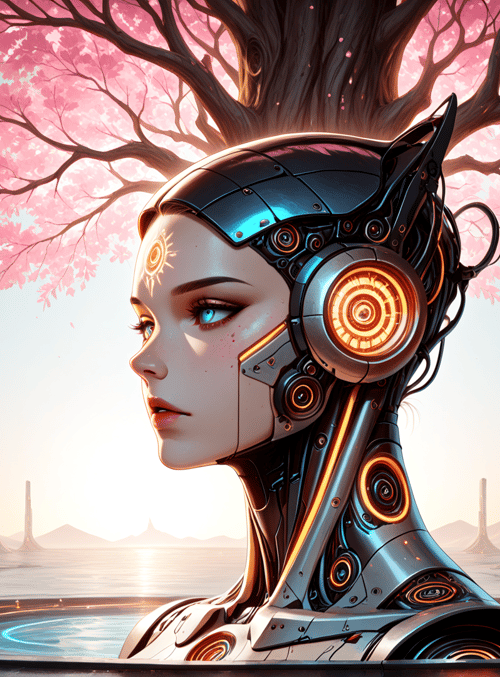 cyborg, tree, cherry blossom, futuristic city, mechanical head, sunset, reflection, neon lights, ancient symbol, gears