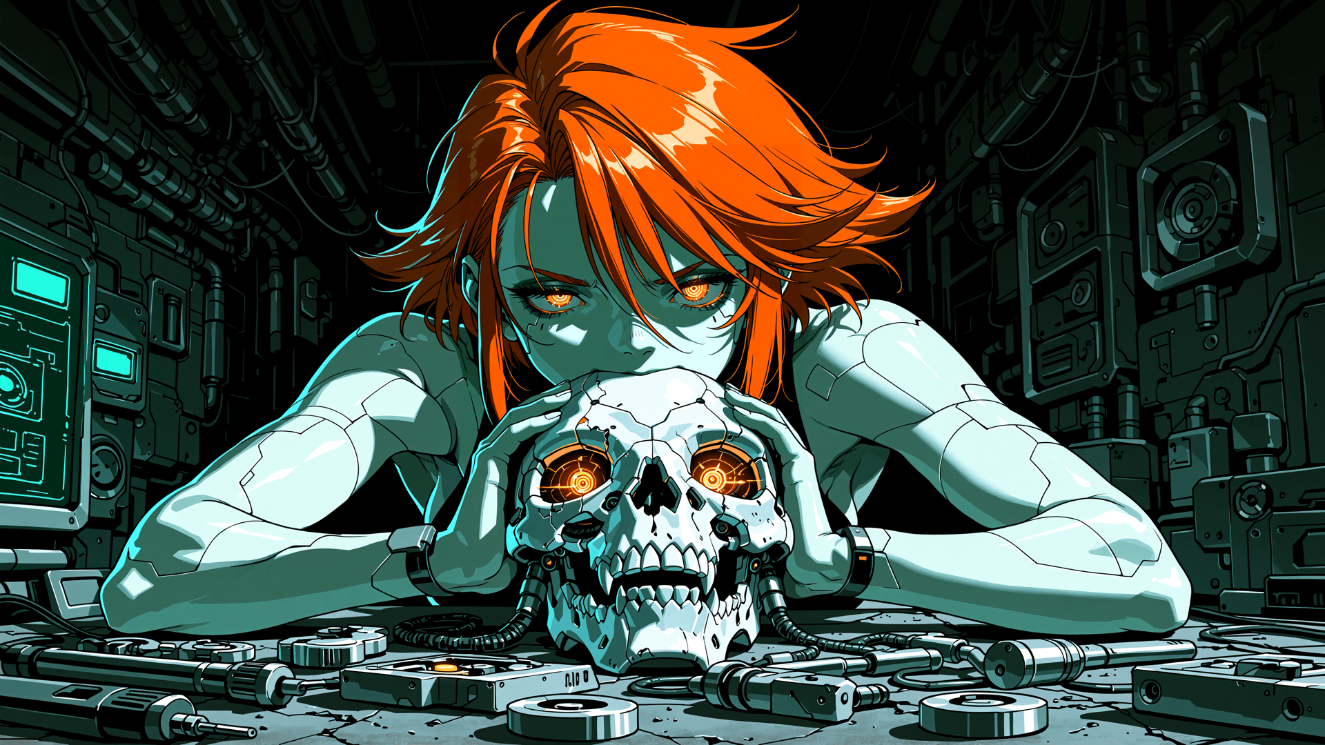 AI generated wallpaper featuring cyborg, skeleton, robot, mechanical parts, gears, circuit board