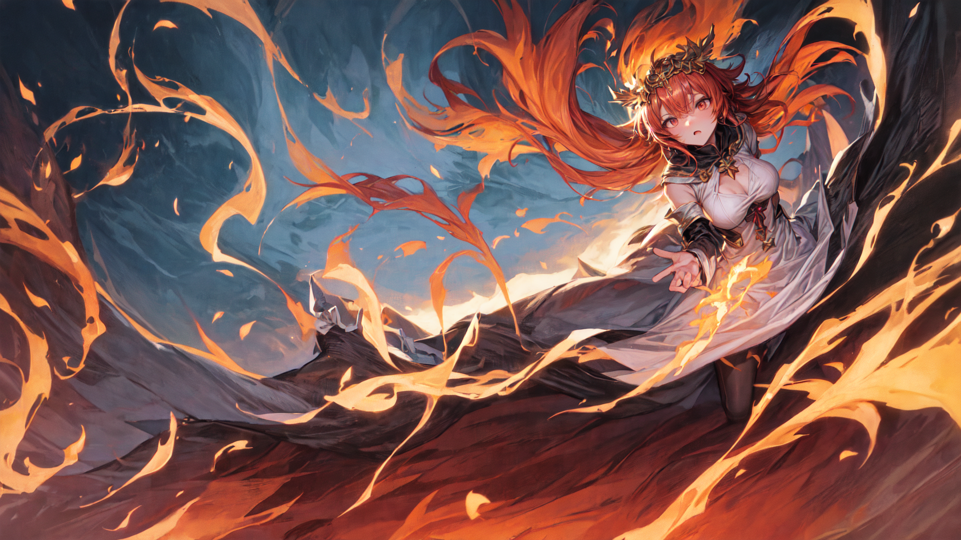 AI generated wallpaper featuring girl, fire, dress