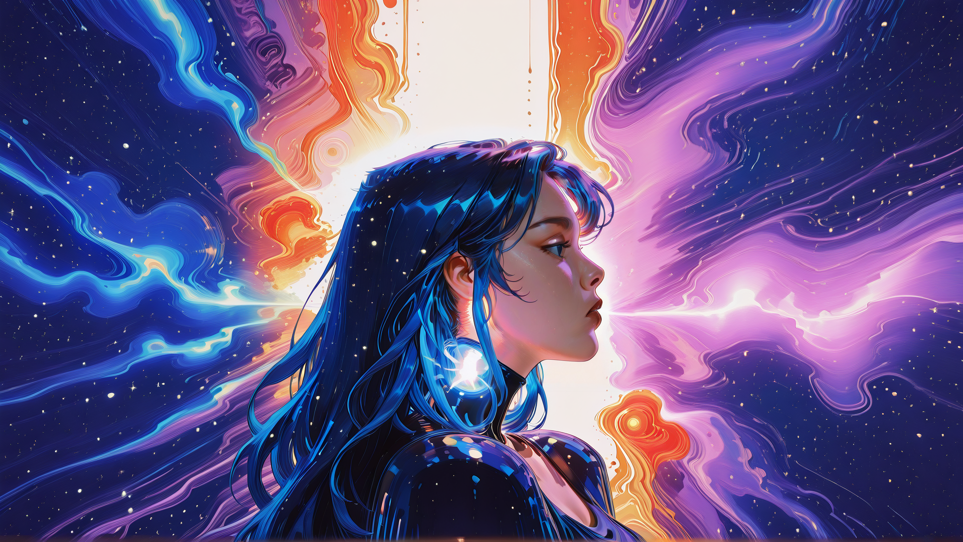 AI generated wallpaper featuring woman, galaxy, stars, hair