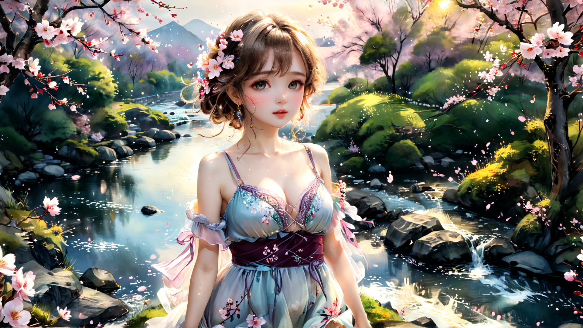 AI generated wallpaper featuring woman, cherry blossoms, river