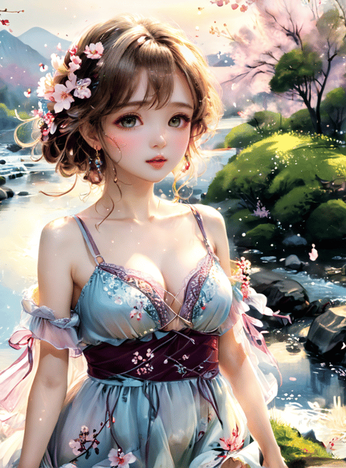 woman, cherry blossoms, river