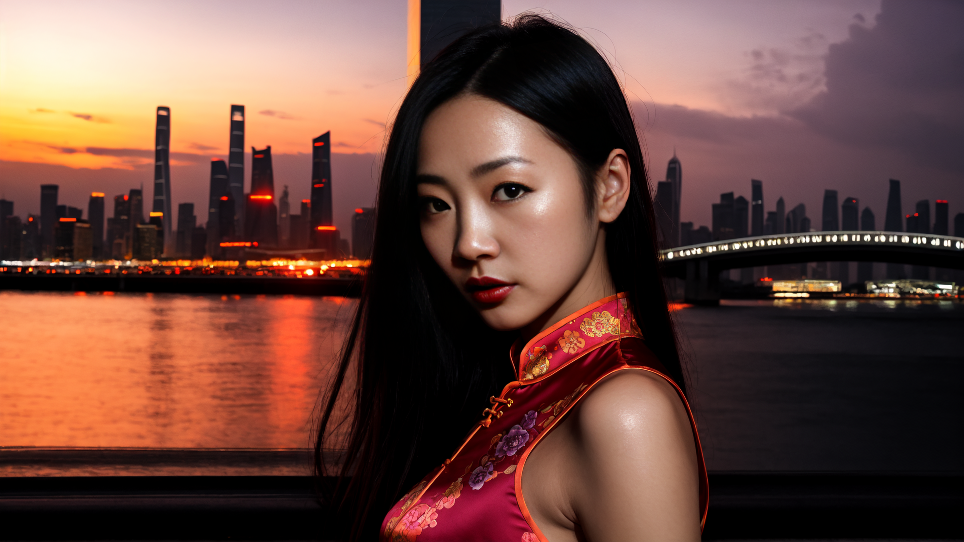 AI generated wallpaper featuring woman, qipao, cityscape