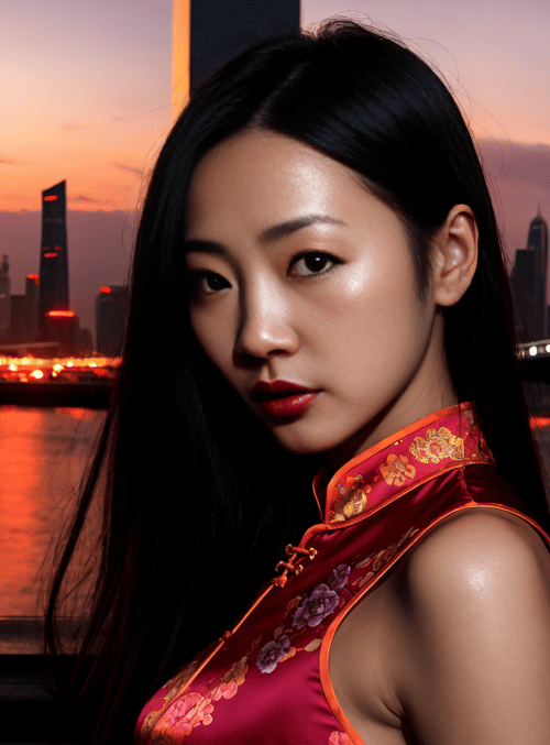 woman, qipao, cityscape