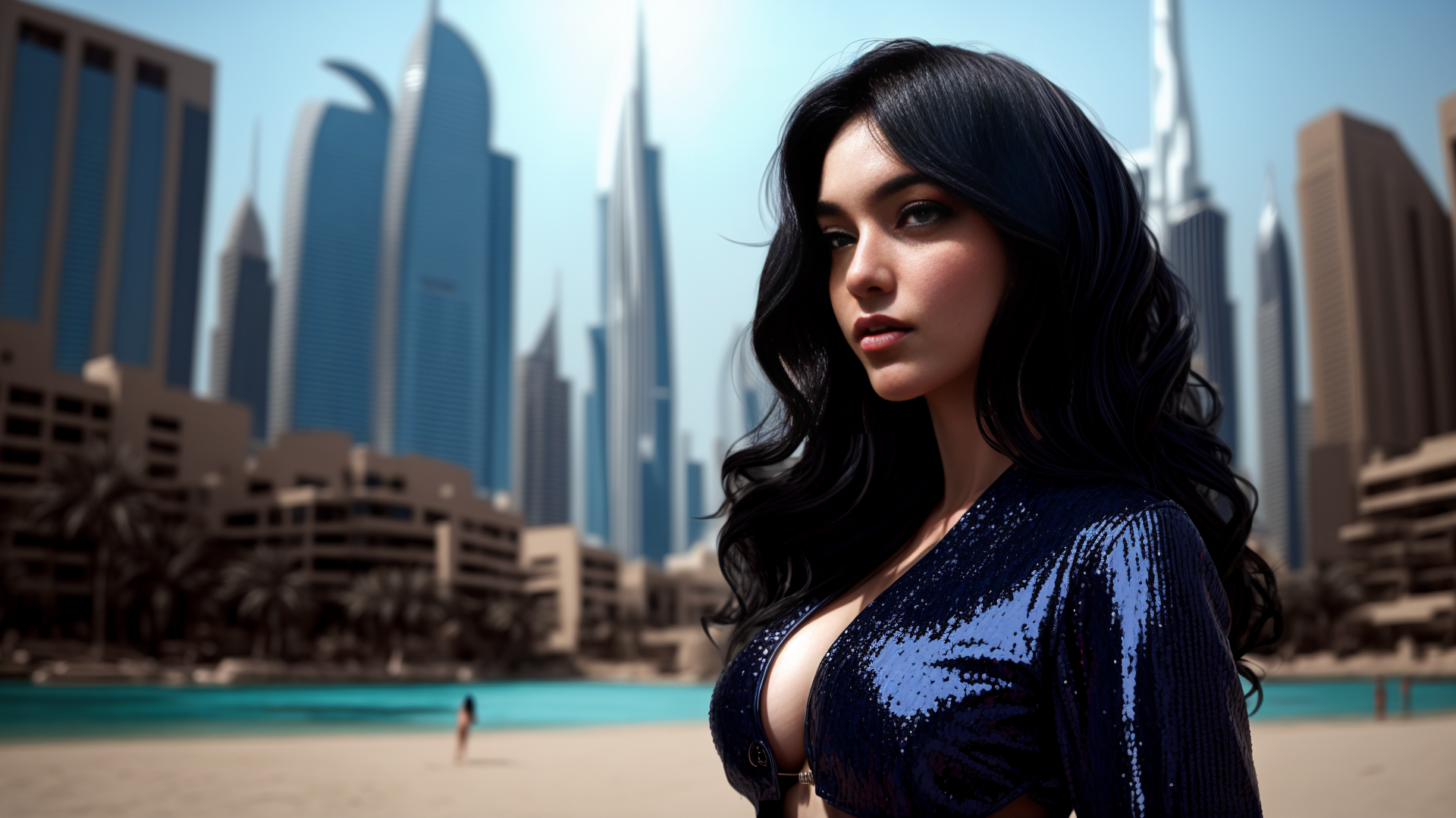 AI generated wallpaper featuring woman, cityscape, beach