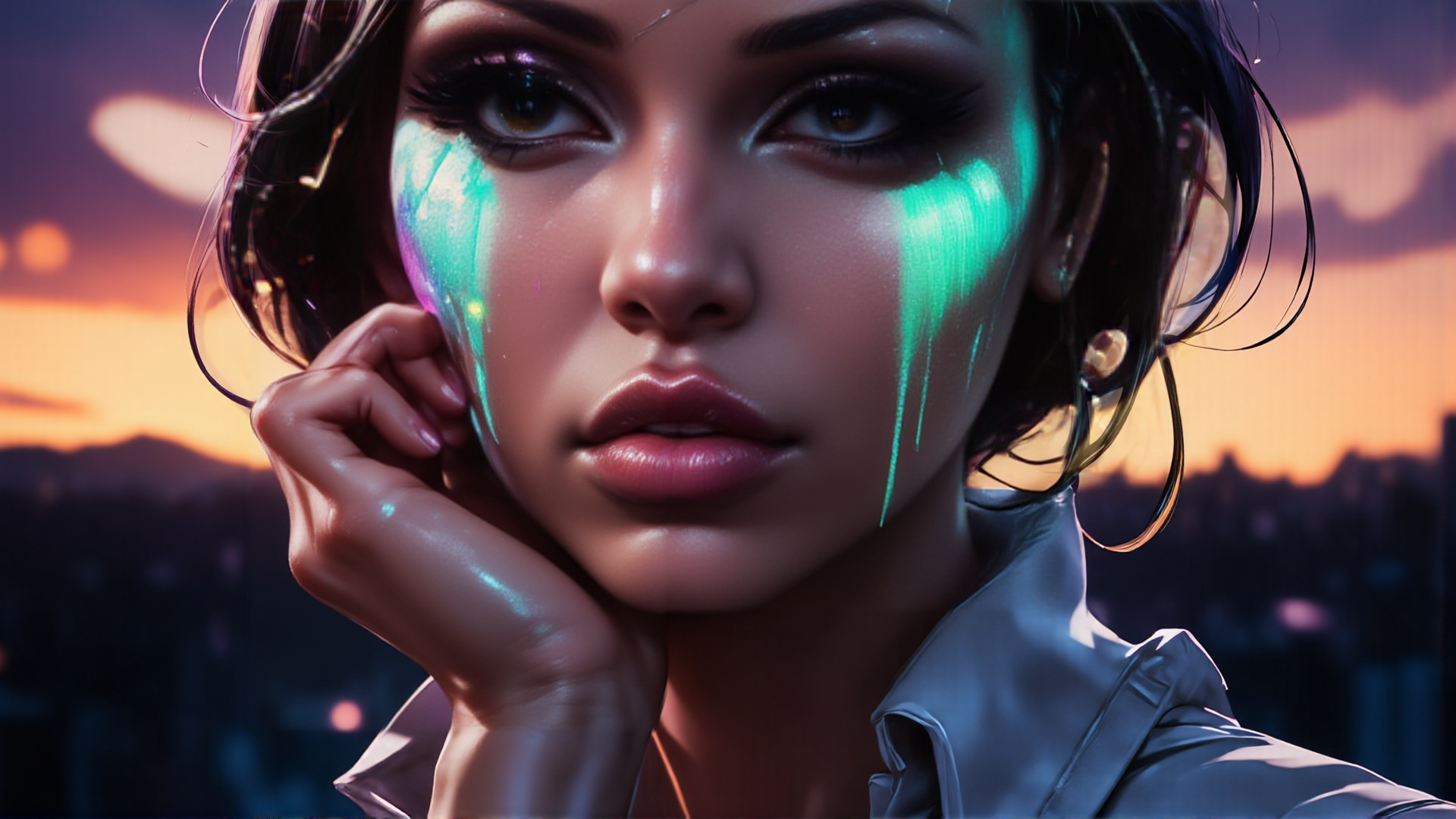 AI generated wallpaper featuring woman, cityscape, glowing