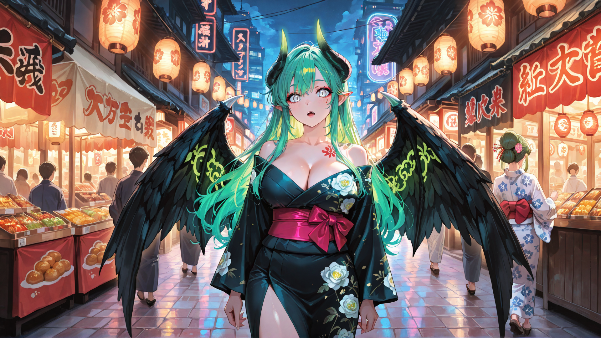 AI generated wallpaper featuring demon, angel, woman, street, market, lantern, wings, kimono, building, sign