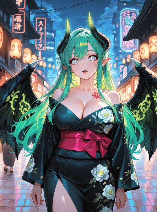 demon, angel, woman, street, market, lantern, wings, kimono, building, sign