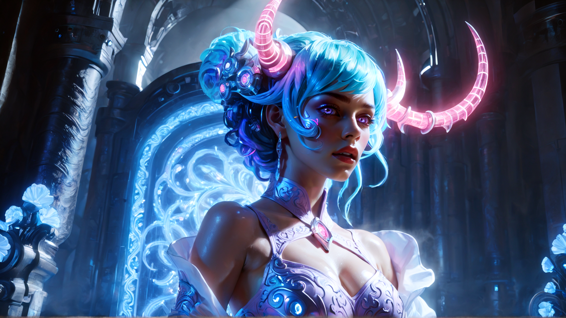 AI generated wallpaper featuring cyberpunk, woman, angel, horns, hair, gown, door, flowers, crown