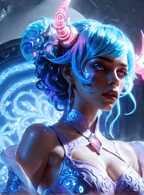 cyberpunk, woman, angel, horns, hair, gown, door, flowers, crown