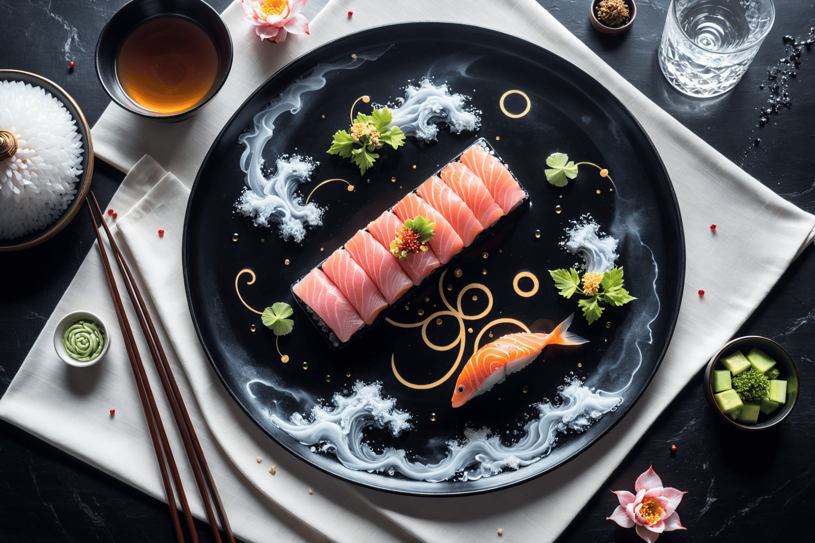AI generated wallpaper featuring sushi, plate, rice