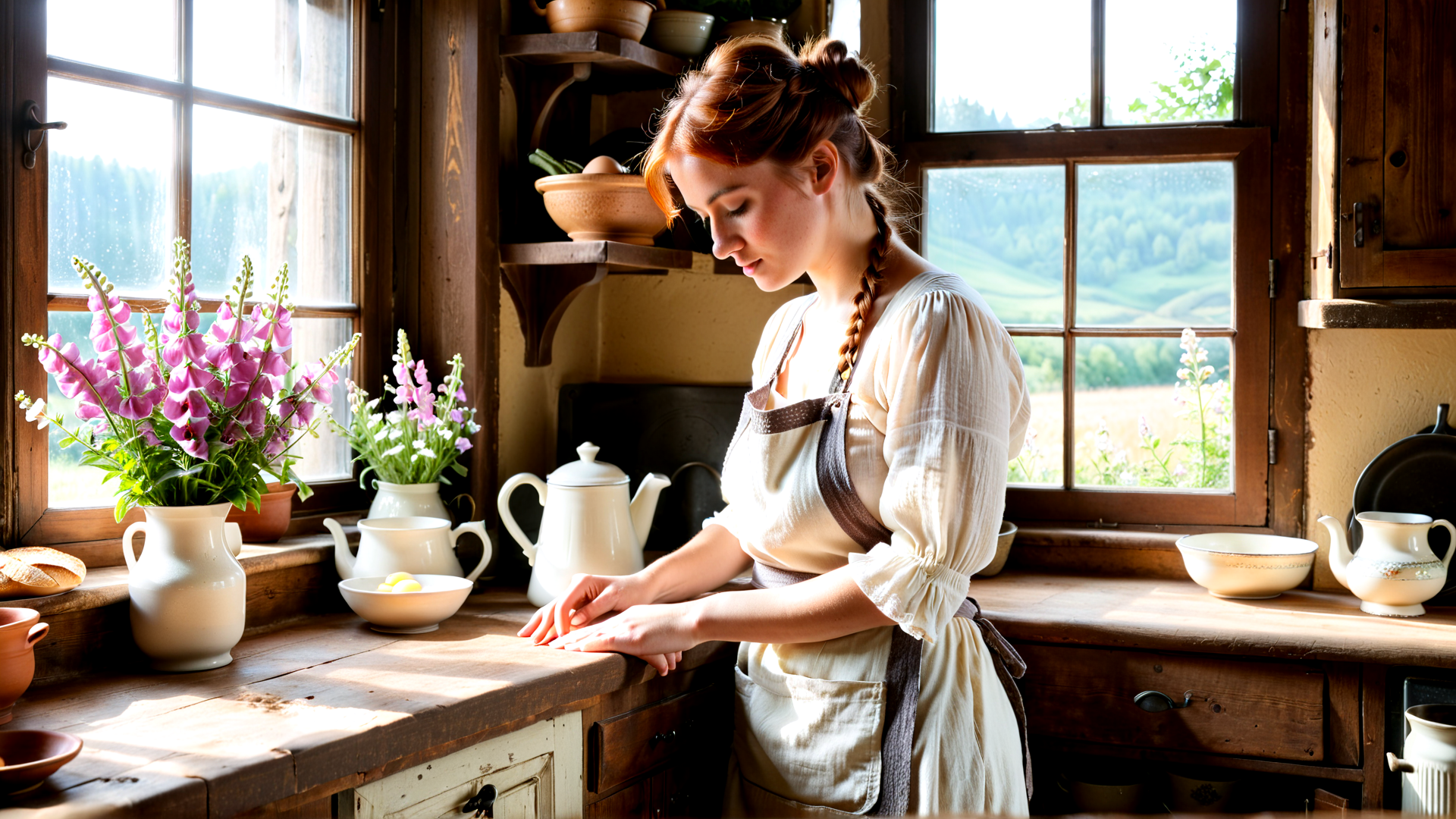 AI generated wallpaper featuring woman, kitchen, flowers, apron, window, teapot, bowl, bread, vase, shelves