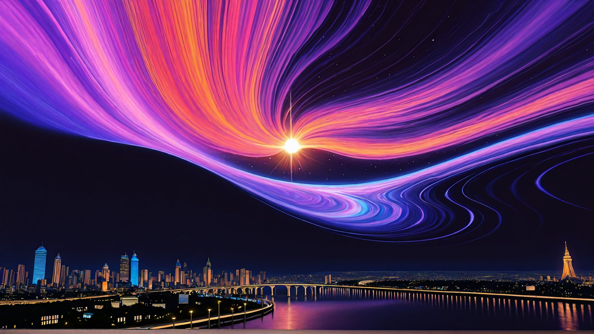 AI generated wallpaper featuring city, sky, aurora, bridge, river, building, tower