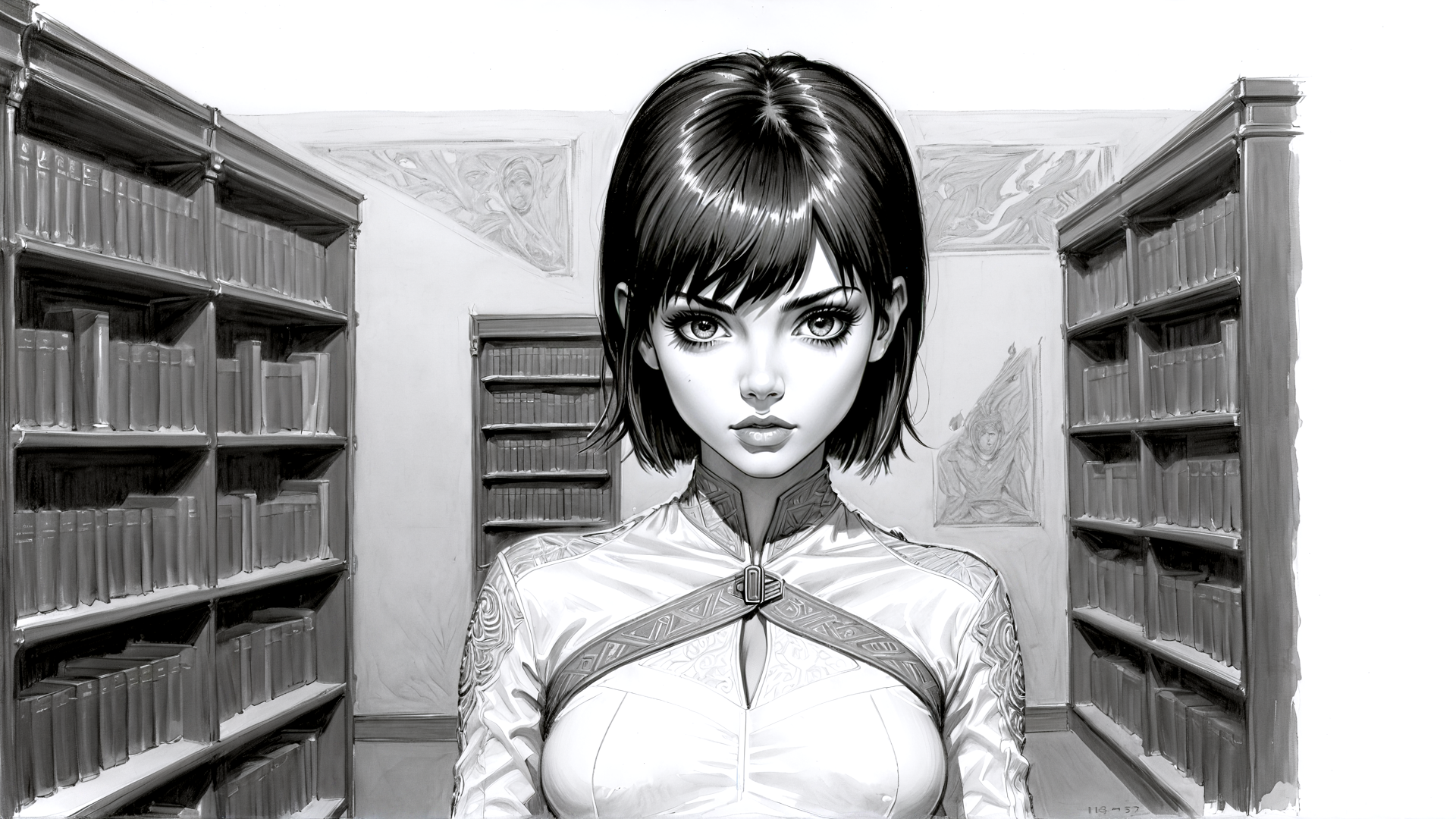 AI generated wallpaper featuring woman, bookshelf, library