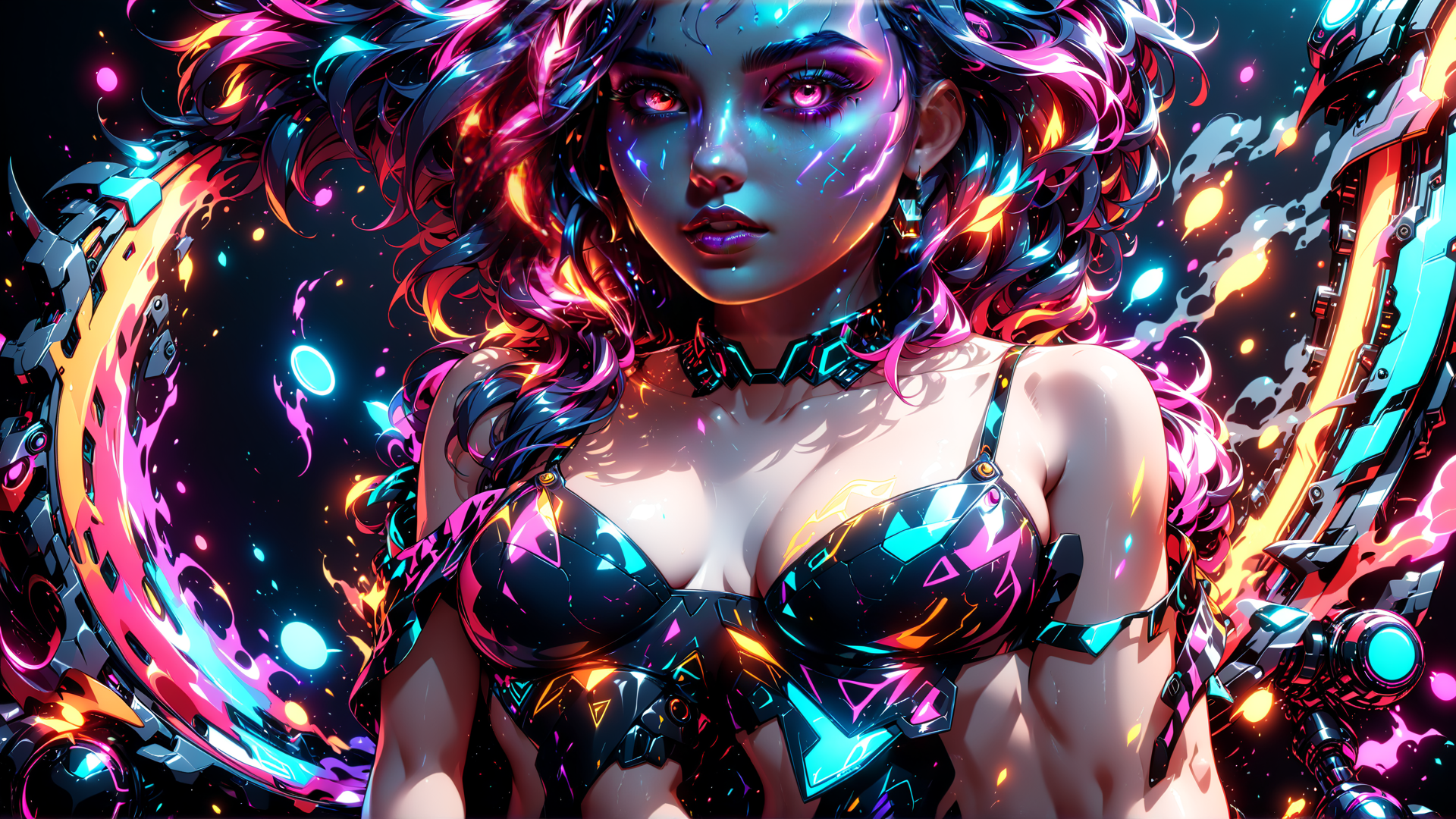 AI generated wallpaper featuring woman, cyberpunk, armor