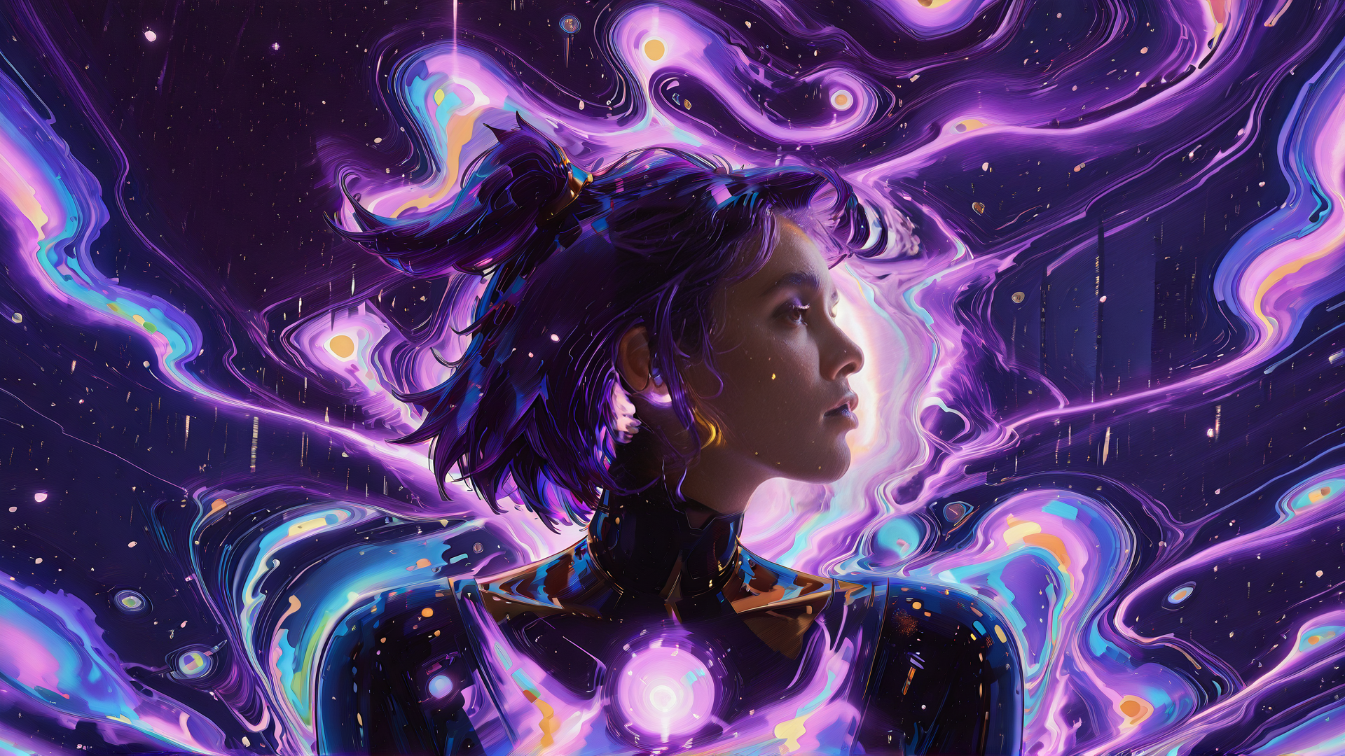AI generated wallpaper featuring woman, galaxy, neon, hair, spacesuit