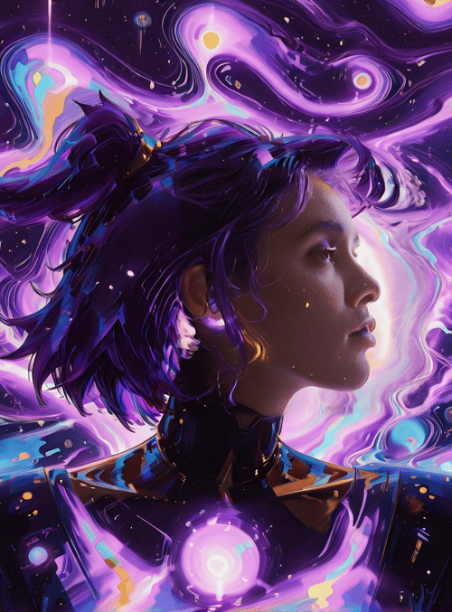 woman, galaxy, neon, hair, spacesuit