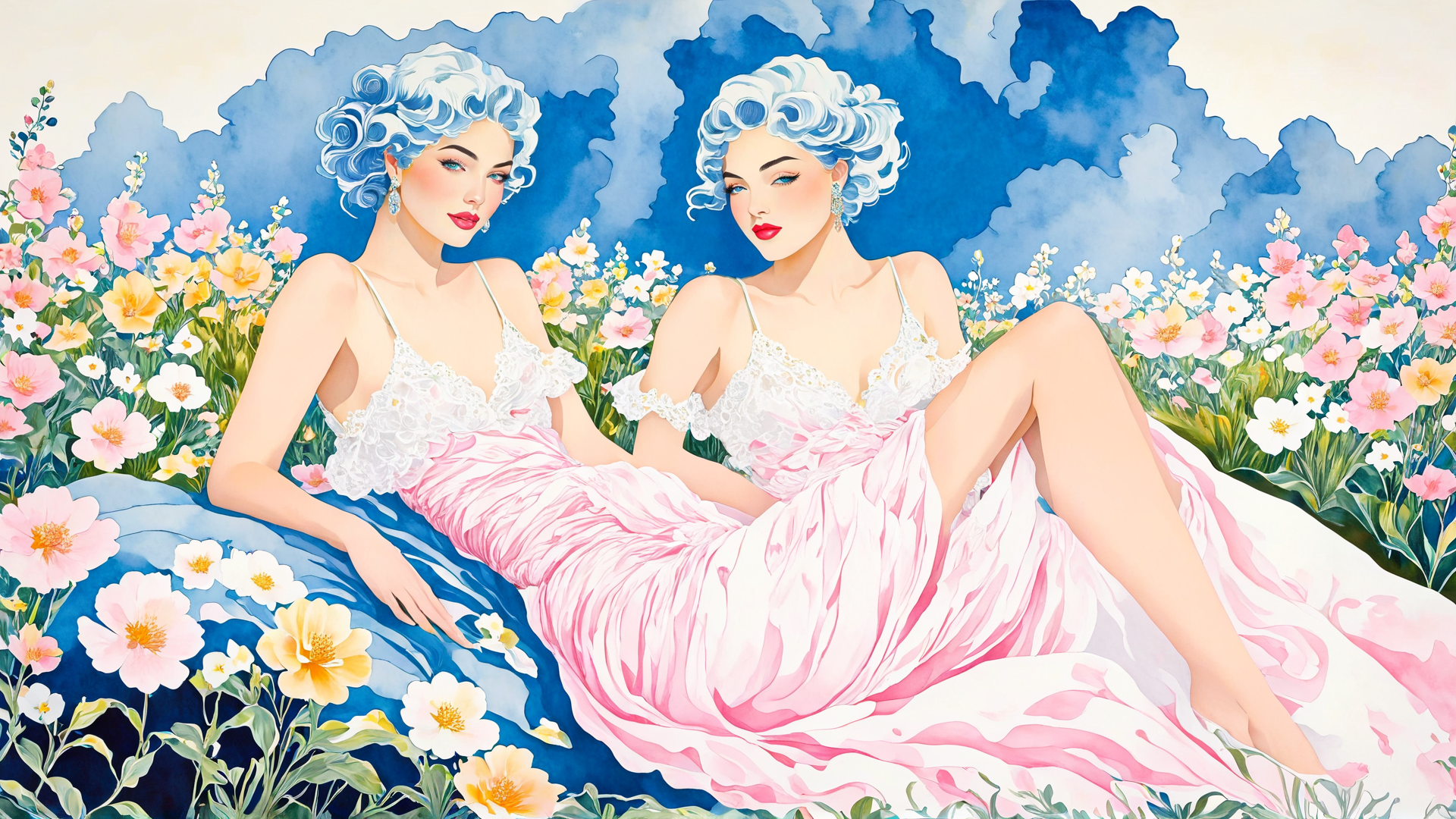 AI generated wallpaper featuring women, flowers, dress, blue, pink, lacy, curly, hair, field, sky