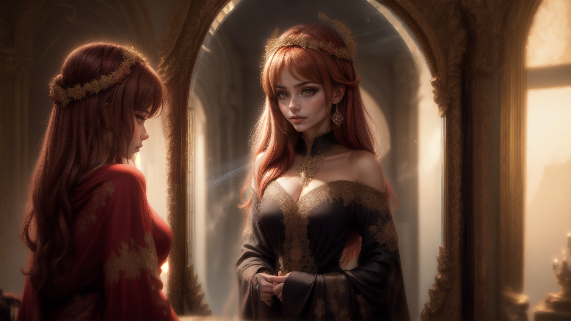 AI generated wallpaper featuring woman, mirror, dress
